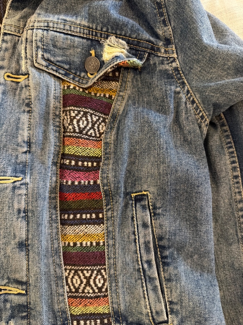 Free People Womens Size 8 Trucker Denim Patchwork Jacket We The Free Hippie Boho - Picture 3 of 6